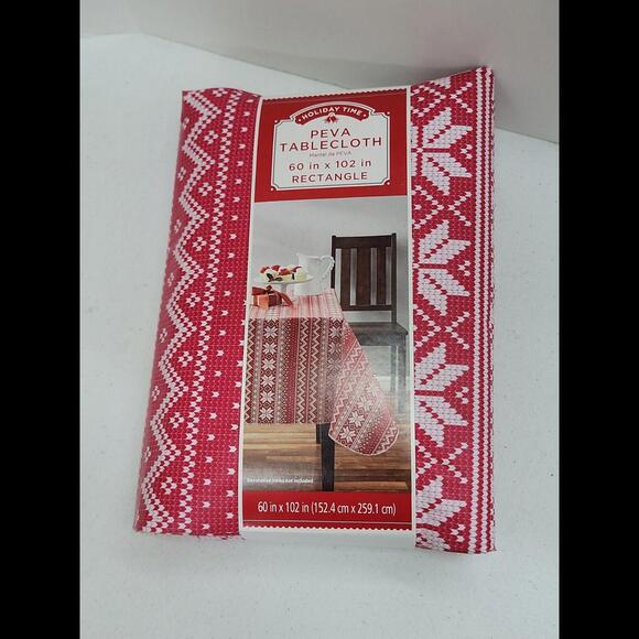 Christmas Peva Vinyl Tablecloth Pink Fair Isle Snowflake Rectangle 60" x 102" - Picture 1 of 8